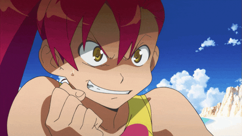 a cartoon character with red hair and yellow eyes is making a funny face