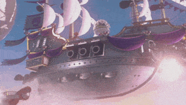 a pirate ship with purple sails and a purple banner that says ' o o o ' on it
