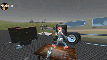 a screenshot of a video game shows a girl sitting in a chair with a gun in her hand