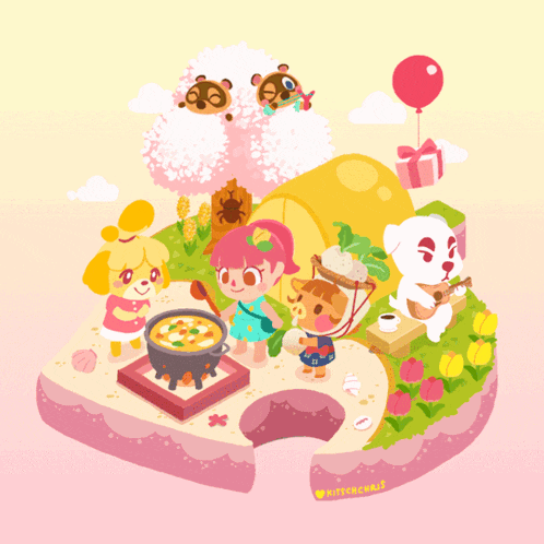 a cartoon drawing of animal crossing characters on a pink background