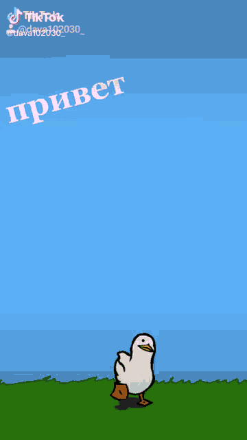 a cartoon duck is walking on a grassy field with a yellow background and a tiktok logo