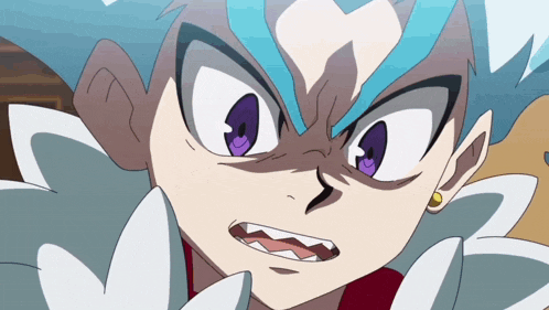 a close up of a cartoon character with blue hair
