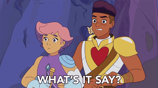 a couple of cartoon characters are standing next to each other with the words what 's it say
