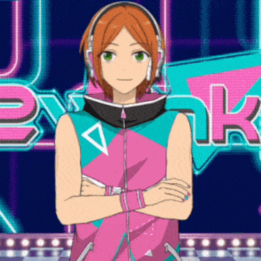 a cartoon character wearing headphones stands with his arms crossed
