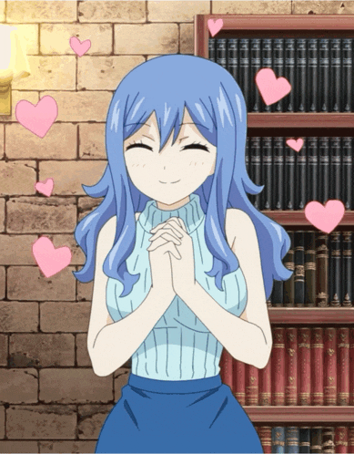 a girl with blue hair is smiling with pink hearts surrounding her