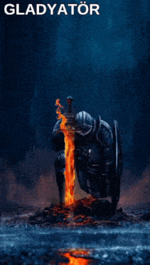 a poster for gladyator shows a knight kneeling down holding a sword and shield
