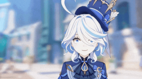 a girl with white hair and blue eyes is wearing a blue top hat and smiling .