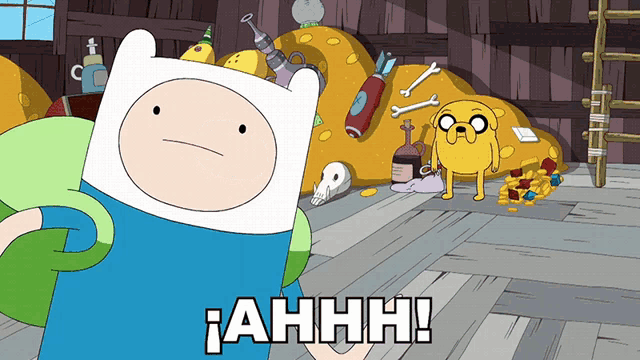 a cartoon character is standing in front of a pile of treasure and says ahhh