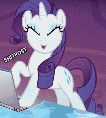 a cartoon pony is standing next to a laptop computer and says shitpost