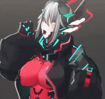 a cartoon character with a huge breast is wearing a red and black suit