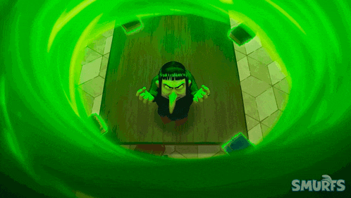 a smurf sitting at a table with a green background