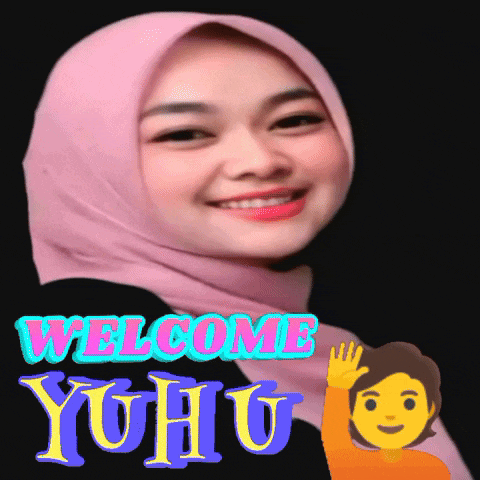 a woman wearing a pink hijab is smiling with the words welcome yuhu below her
