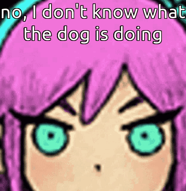 a picture of a girl with pink hair and blue eyes with the words " no i don 't know what the dog is doing "