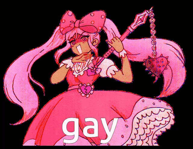 a drawing of a girl in a pink dress holding a heart shaped weapon with the word gay below it