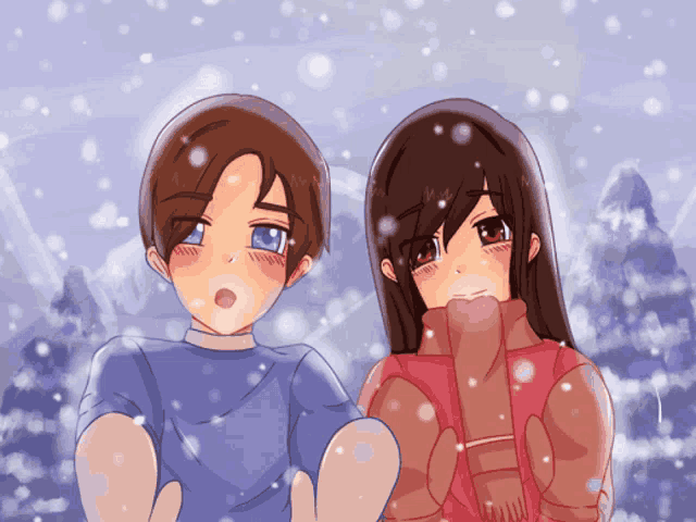 a boy and a girl are standing in the snow wearing mittens and scarves