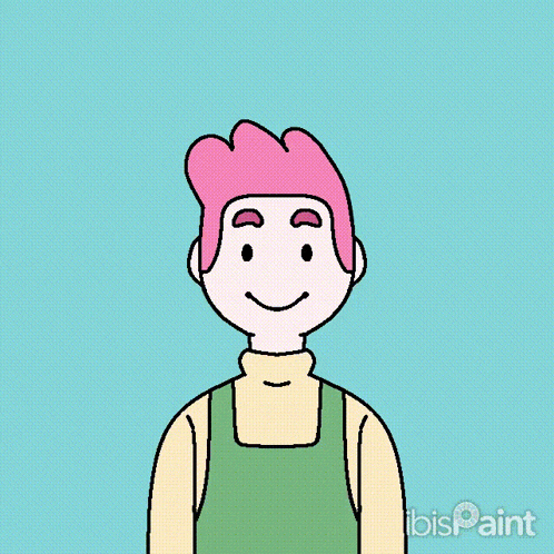 a cartoon drawing of a man with pink hair and a yellow sweater