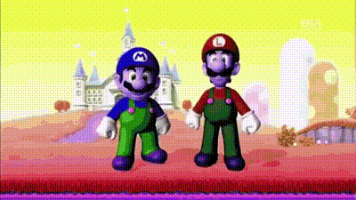 two mario brothers are standing next to each other in a video game scene .