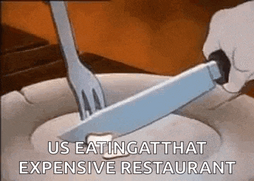 a cartoon of a person cutting a piece of butter on a plate with a knife and fork .