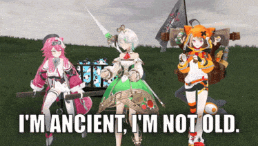 three anime characters are standing in a field with the words " i 'm ancient i 'm not old " above them