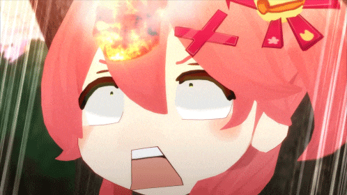 a close up of a cartoon character with a flame coming out of her head
