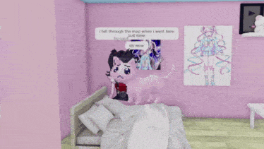 a girl in a room with a pink cat and a poster of a girl