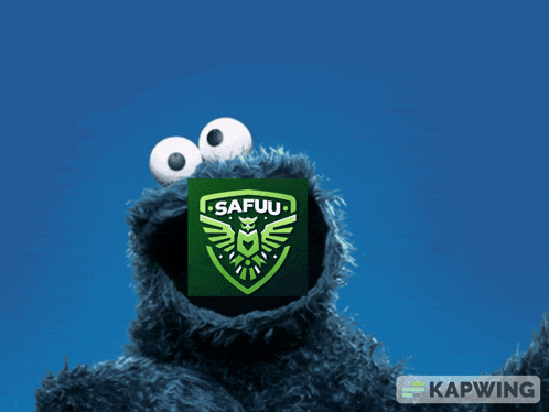 a cookie monster is wearing a green safuu logo on his face