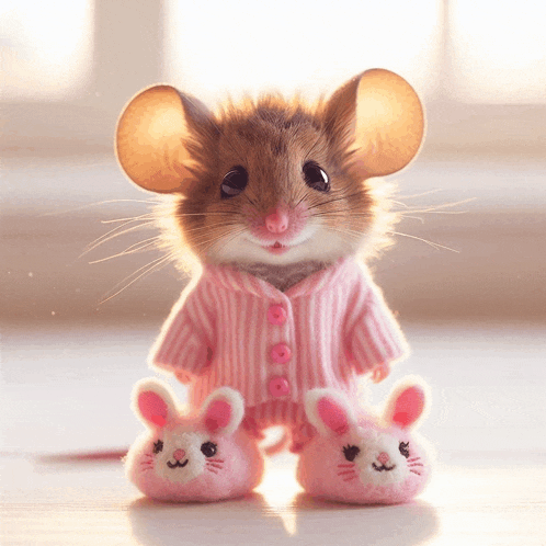 a mouse wearing a pink striped pajamas and pink slippers