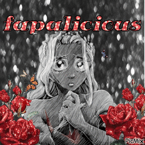 a black and white drawing of a girl with roses and the words fapalicious