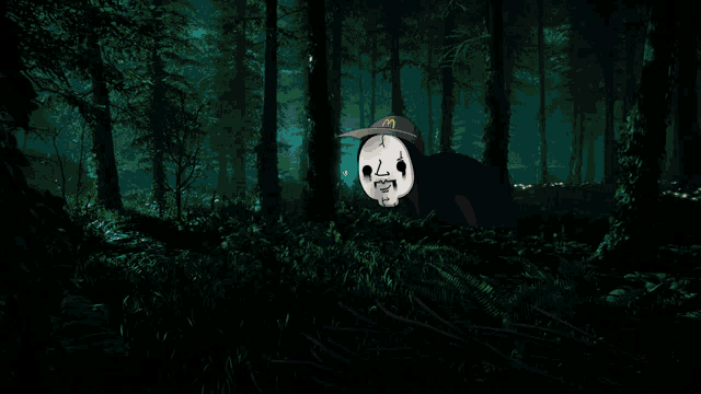 a cartoon character in a mcdonald 's hat is standing in the woods