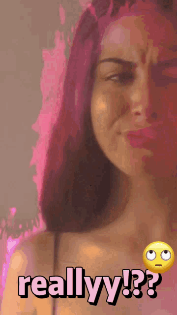a picture of a woman with pink hair and the words reallyy