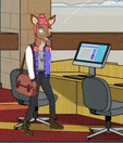 a cartoon of a deer standing in front of a computer desk