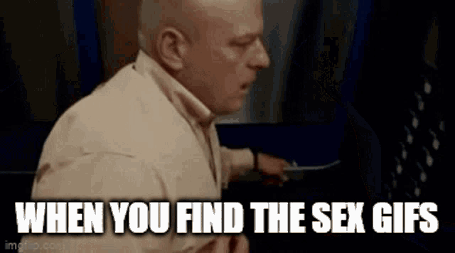 a bald man is pointing at something with the words `` when you find the sex gifs '' below him .