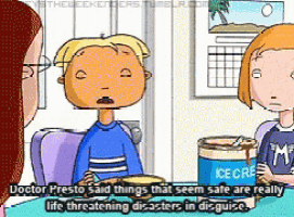 a cartoon shows a boy and a girl sitting at a table with a can of ice cream