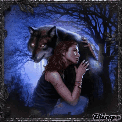 a painting of a woman kneeling next to a wolf with blingee written in the corner