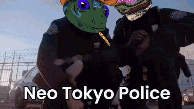 two police officers with frogs on their heads and the words neo tokyo police on the bottom
