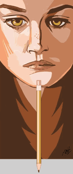 a drawing of a woman with a pencil between her nose and mouth