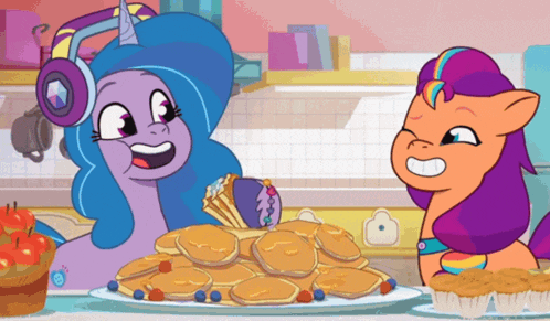 a cartoon of two ponies eating pancakes and cupcakes