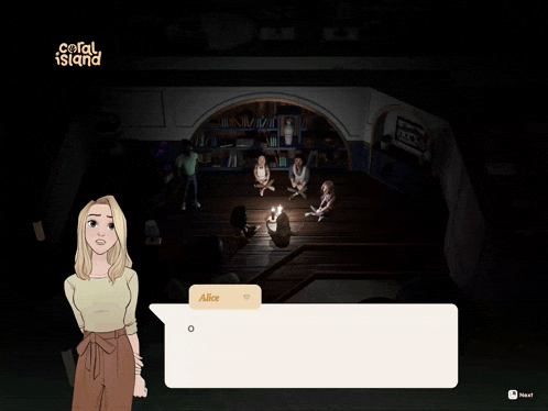 a screenshot of coral island shows a woman talking to alice