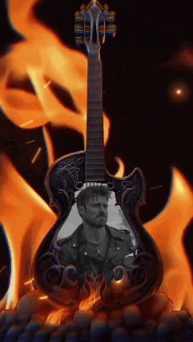 a guitar has a picture of a man on it