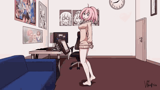 a cartoon of a girl standing in a room with a clock on the wall that shows the time as 10:10