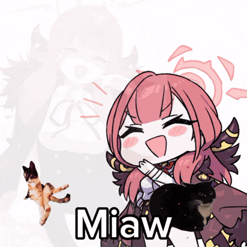 a cartoon of a girl holding a cat with the word miaw on the bottom right