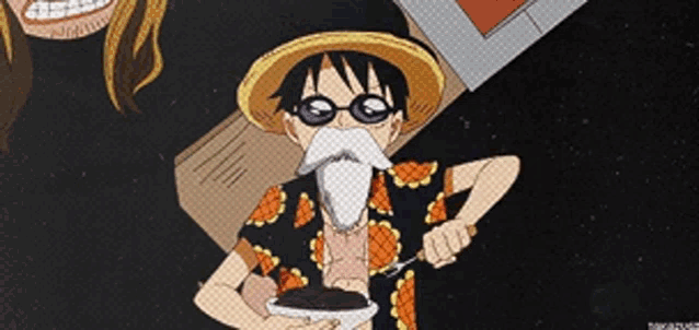 a cartoon of a man with a straw hat and glasses holding a bowl of food