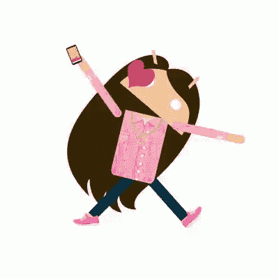 a girl in a pink shirt is holding a cell phone and a heart is above her head .