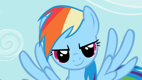 a cartoon pony with a rainbow mane and tail is making an angry face