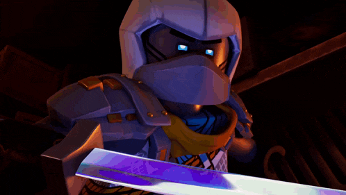 a cartoon character is holding a sword in his right hand
