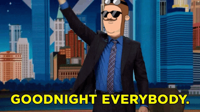 a man in a suit says goodnight everybody in front of a city skyline