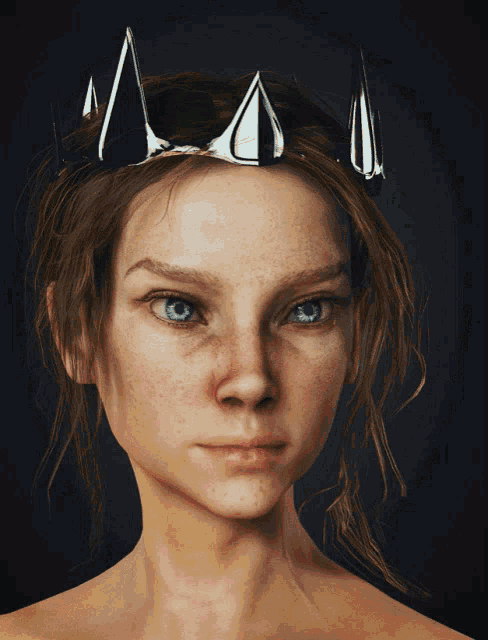 a woman with a crown on her head has a serious look on her face