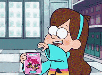 a cartoon girl is holding a jar of gummy bears in her hand .