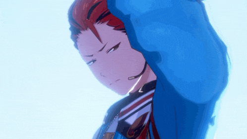 a cartoon character with red hair is wearing a blue jacket and a headset