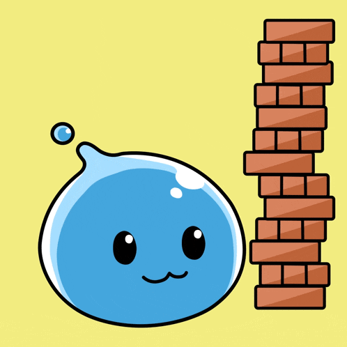 a cartoon drawing of a blue blob standing next to a stack of bricks